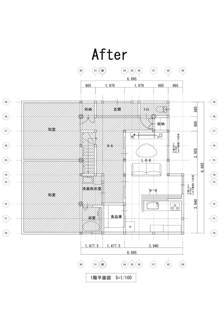 AFTER図面 間仕切り壁を取ることで、少しでも明るく開放的な空間になるように図面を書いてみました。