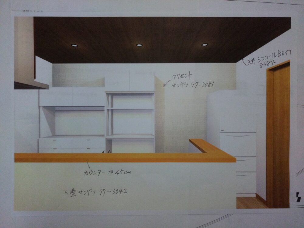 そして、間取り図に照明を落とし込み、イメージ図を作成して仕上材の色柄をお客様と一緒に考えていきます。