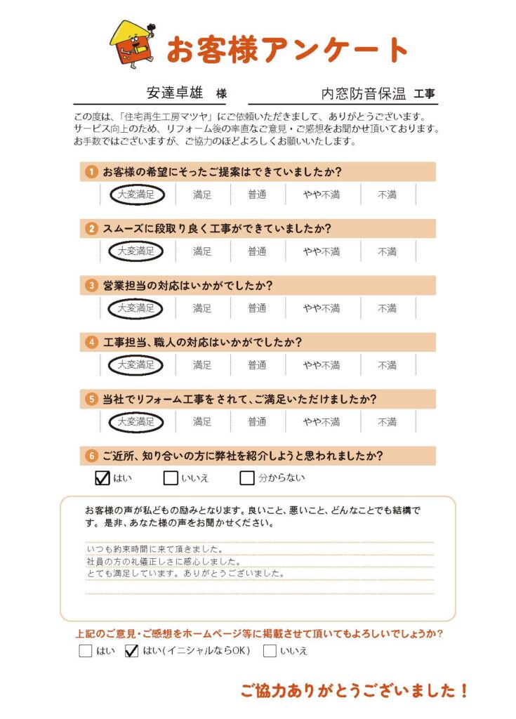 内窓防音保温工事　安達卓雄様